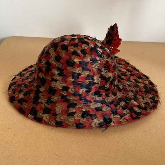 VTG Rare Jack McConnell Feather Hat. Red/Navy Multi Feather Outside - Picture 4 of 16